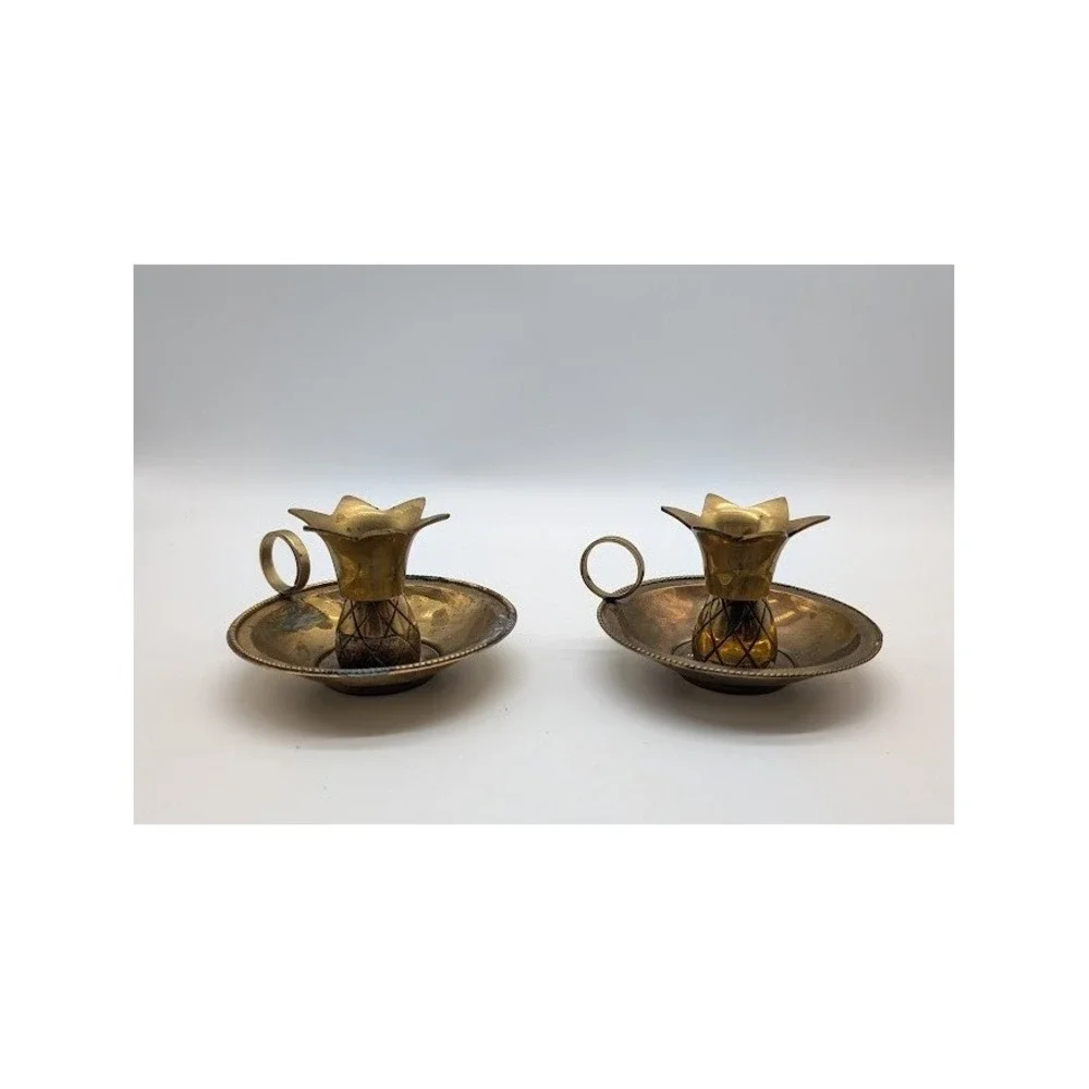 2 Set Vintage Brass Pineapple Chamberstick Candle Holders 4